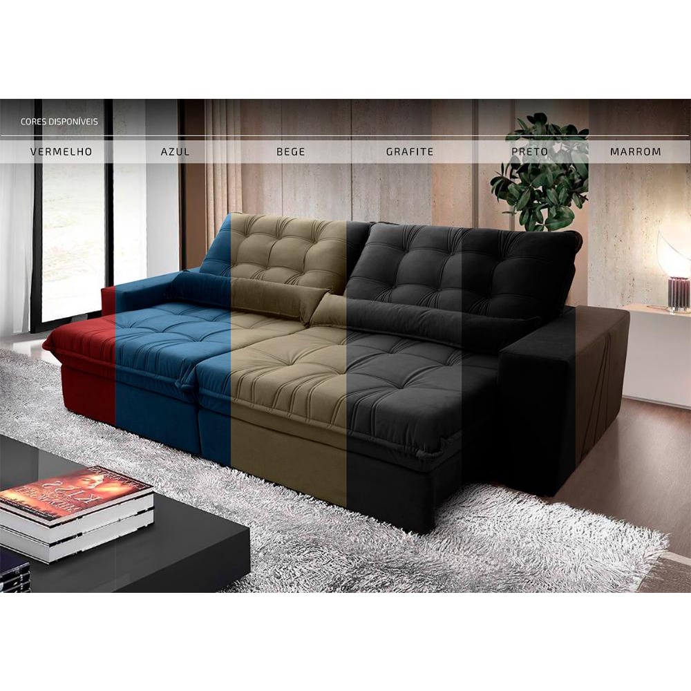 Sofá Retrátil Reclinável Zurique 2,70m Suede Velut Cinza  Molas no Assento - King House
