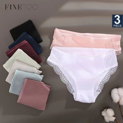 FINETOO 3PCS/Set Calcinhas De Renda Floral Algodão Roupa Íntima Feminina Cor Sólida Íntimas Sexy Cintura Baixa Lingerie