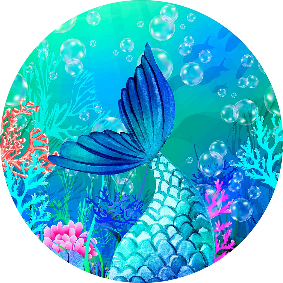 Painel 3d Festa Redondo 1,50 Malha Sublimado Calda de Sereia Azul