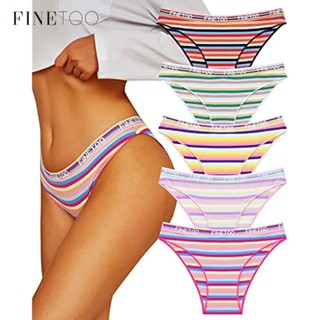 FINETOO 5Pcs/Conjunto Roupa Íntima De Algodão Para Mulheres Bochechas Corte Alto Listras Coloridas Respiráveis Sexy Ladies Hipster Calcinha Biquíni
