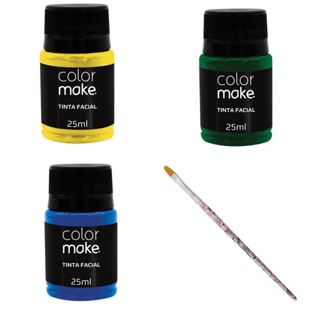 Kit Copa Tinta Liquida Facial Colormake 35ml C/ 4 itens (Verde/Amarelo/Azul +Pincel tam.6)