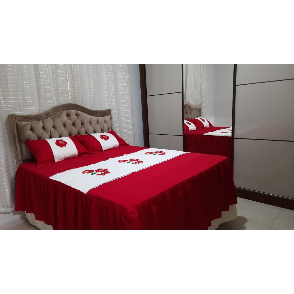 Jogo de Cama Casal. 1 Colcha e 2 Fronhas Decoradas com Bordado e Matelassê Cama Box Casal.