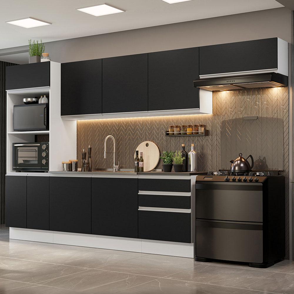 Armário de Cozinha Completa 100% MDF 330cm Branco/Preto Acordes Madesa 06 em Oferta na Shopee