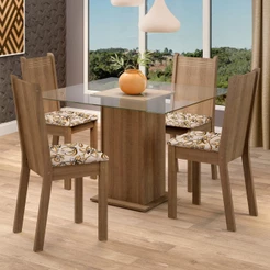 Conjunto Sala de Jantar Madesa Maya Mesa Tampo de Vidro com 4 Cadeiras - Rustic/Lírio Bege