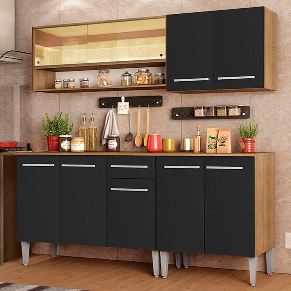 Armário de Cozinha Completa Dance com Balcão e Aéreo Vidro Reflex Rustic/Preto Madesa Emilly