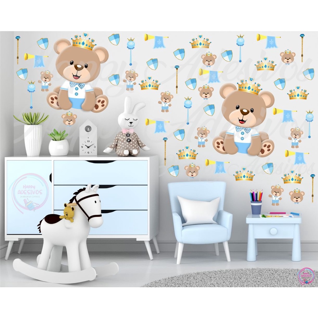 Adesivo Decorativo Urso Ursinho Rei Realeza Coroa Príncipe Azul Menino Bebe