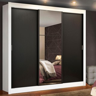 Guarda Roupa Casal Madesa Mônaco 3 Portas de Correr com Espelho - Branco/Preto