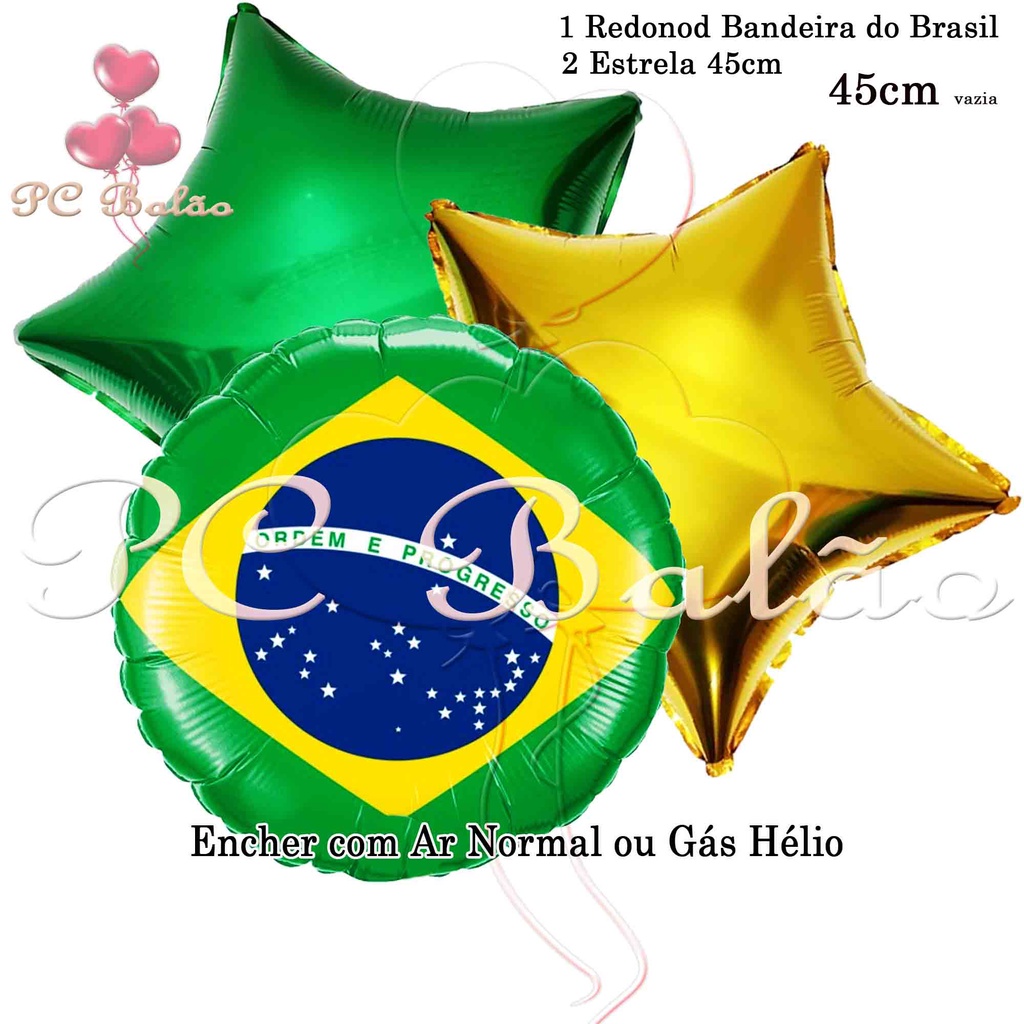 Kit 3 Balões Metalizados 1 Redondo Bandeira do Brasil + 2 Estrela ( 1  DOURADO 1 VERDE ) tudo 45cm Decoração Copa do MUNDO | Shopee Brasil