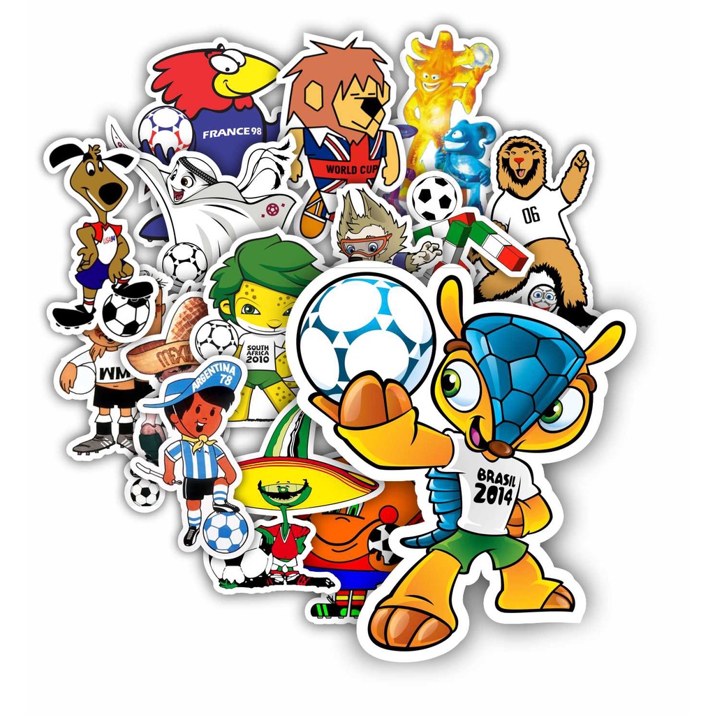 Mascotes Todas as Copa do Mundo Kit com 16 Adesivos - Stickers FIFA World Cup futebol Figurinhas