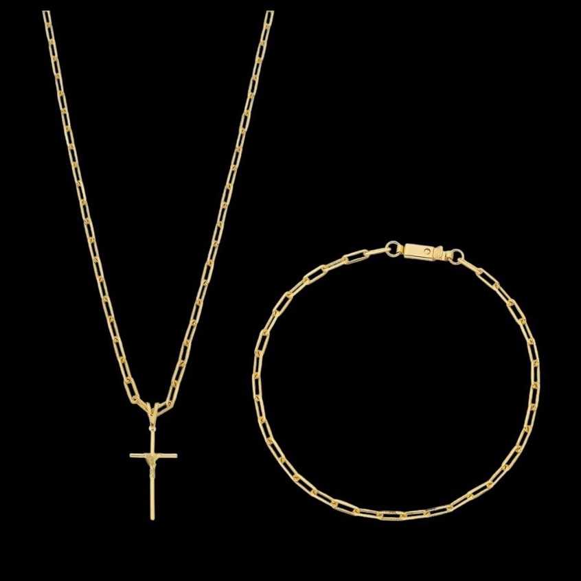 Combo Corrente Cordão + Pulseira e Pingente Masculino Banhado a Ouro 18k Homem