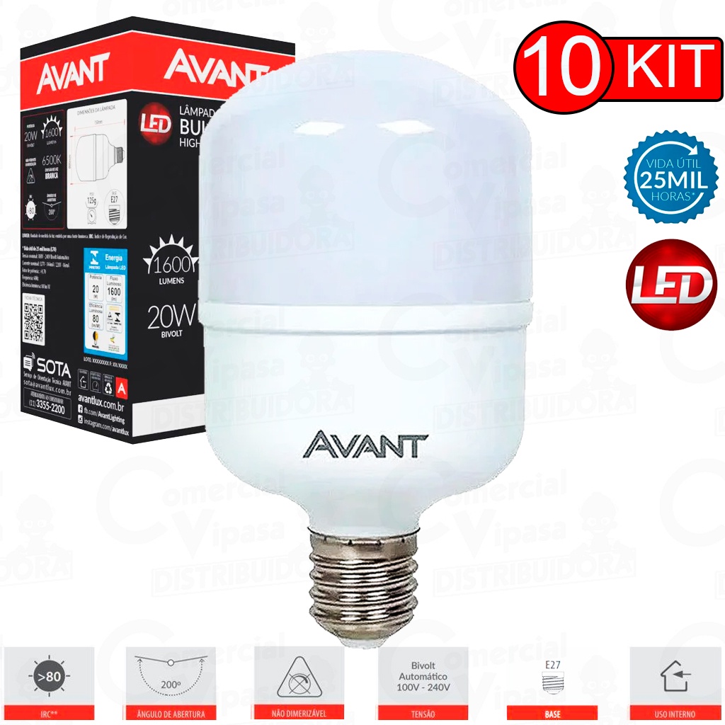 Jogo 10 Lâmpada Led Modelo Bulbo E27 20W Branca Bivolt Normatizada 6500K Casa Comércio - AVANT em Oferta na Shopee