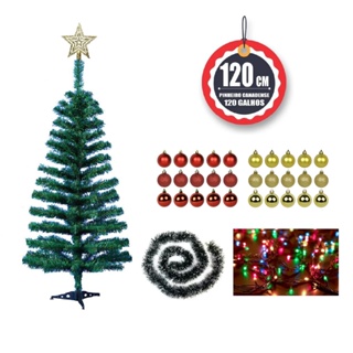 Kit Árvore De Natal Decorada de 120 cm com BOLAS, PISCA, PONTEIRA E FESTÃO  **É SÓ MONTAR** | Shopee Brasil