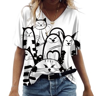 3D Gatos Fofos Estampa De Pescoço Em V Camiseta Feminina Manga Curta Verão Kawaii Fashion Casual Blusas Engraçada Respirável Roupas