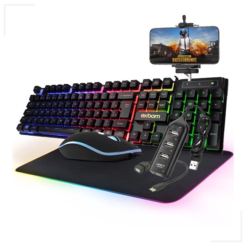 Kit Gamer Mobilador Teclado E Mouse RGB Exbom OTG Tipo C + Mouse Pad RGB