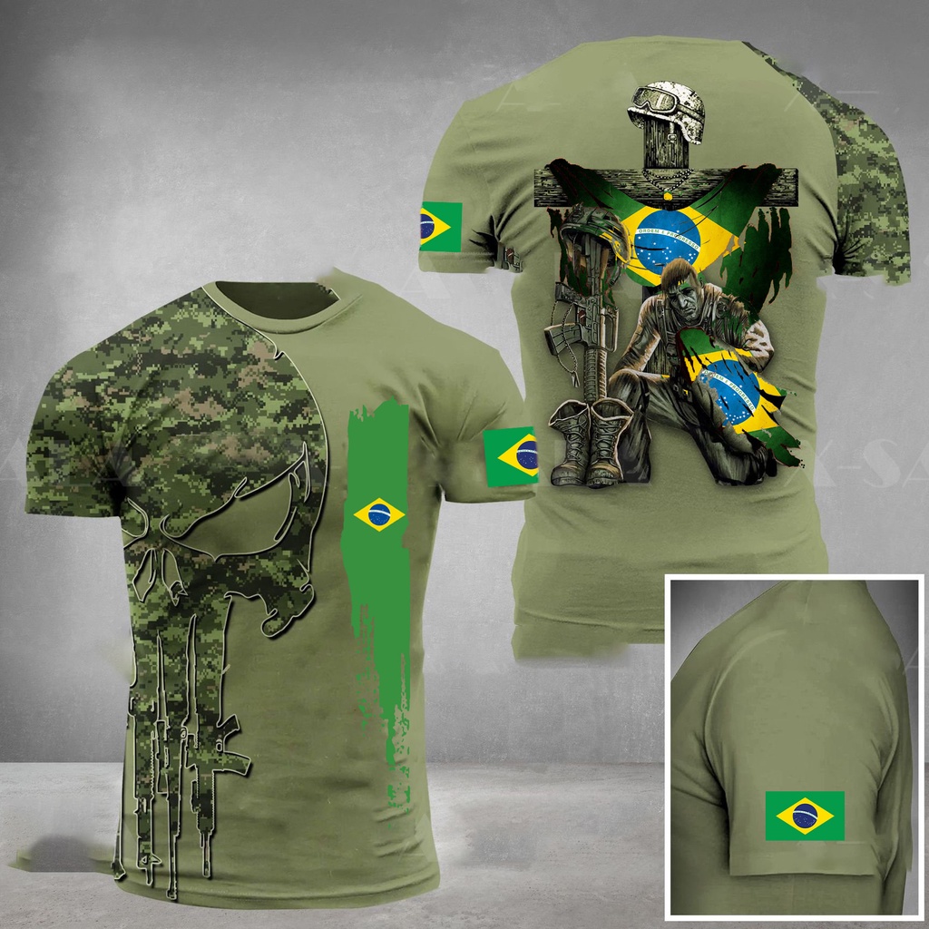 Camiseta Masculina Brasil Militar Veterano Bandeira Estampa Tamanho Grande Verão Pulôver O-Neck Manga Curta