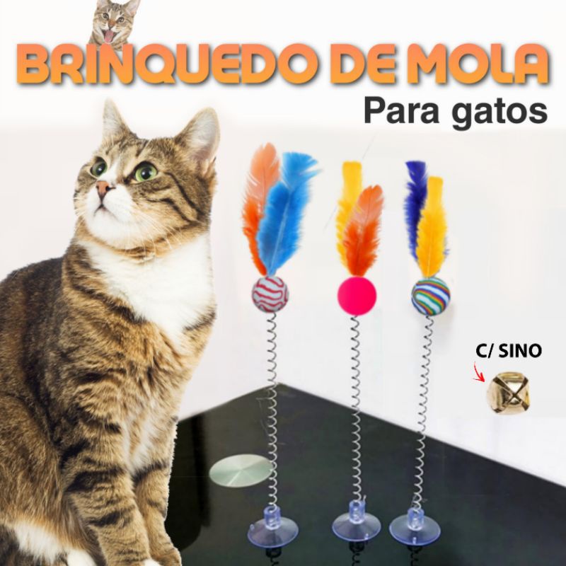 Bolinha Mola maluca com penas para gatos - brinquedo pet de mola c/penas e ventosa 35cm