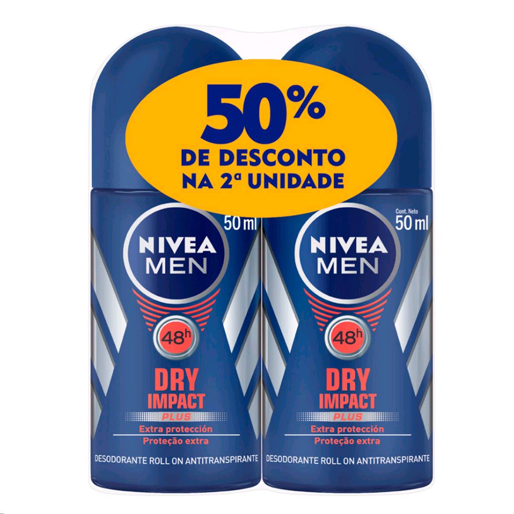 Desodorante Nivea Men Dry Impact Plus Roll-on Antitranspirante 48h com 2 Unidades de 50ml cada 50% Desconto na 2ª Unidade em Oferta na Shopee