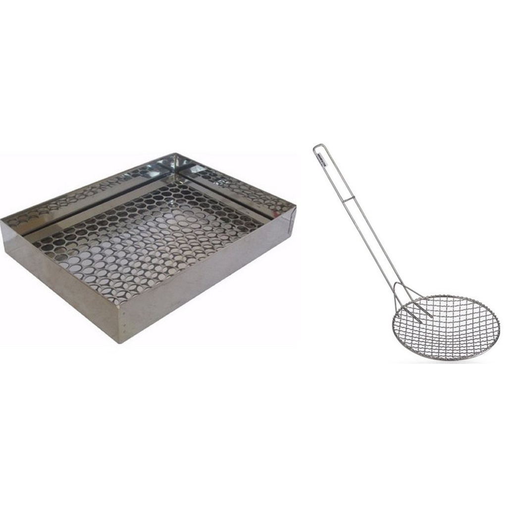 ESCORREDOR DE PASTEL COXINHA 40x30cm EM INOX + Escumadeira