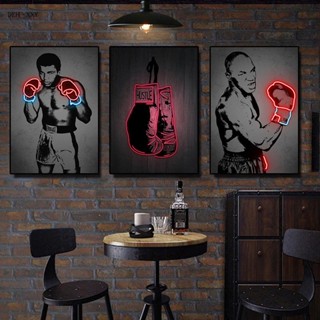 Quadro decorativo 3 peças 40x60 Neon luvas de boxe, Mike Tyson e Muhammad decoração para casa sala quarto hall academia interiores e corredores