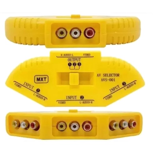RCA Chave Seletora Switcher 3 entradas uma saída entrada antiga TV áudio vídeo padrão antigo som stereo pinos amarelo vermelho branco videocassete vhs game retrô vintage videogame 3 x 1 multiplicador entradas