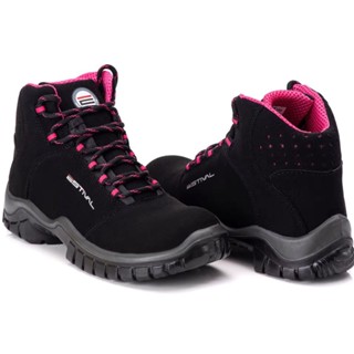 Bota Feminina Estival Bota EPI de Segurança em Microfibra Leve e Confortável Preto com Rosa, EPI com CA