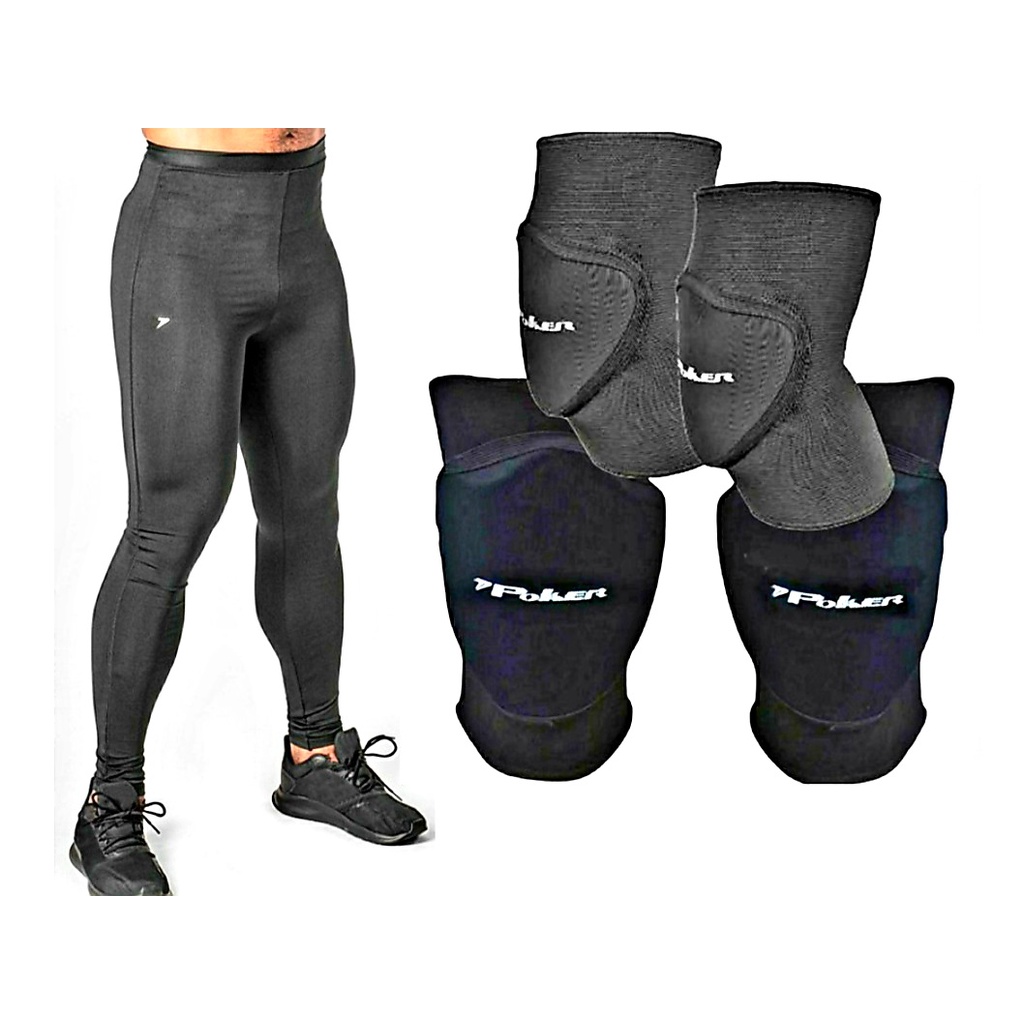 Kit Goleiro Poker Calça Térmica Skin + Joelheira e Cotoveleira Futsal / Fut7 / Futebol / Pkr Indoor