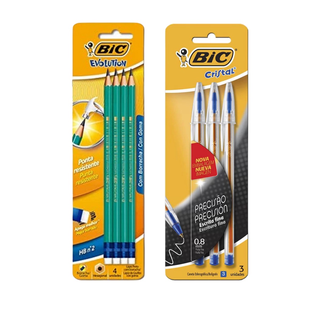 Kit Lápis preto com borracha Bic HB n°2 + caneta Bic precisão escrita fina cor azul