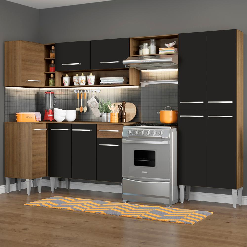 Cozinha Completa de Canto Reto Madesa Emilly Sun Armário e Balcão 11 Portas 1 Gaveta - Rustic/Preto