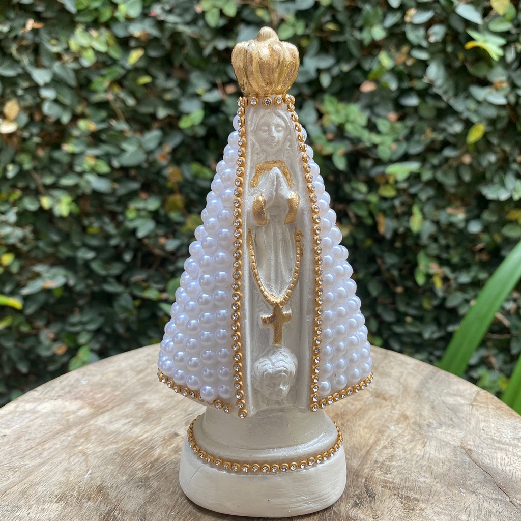Imagem Nossa Senhora Aparecida 15cm Trabalhada com Pérola Branca - FEITA PARA VOCÊ!