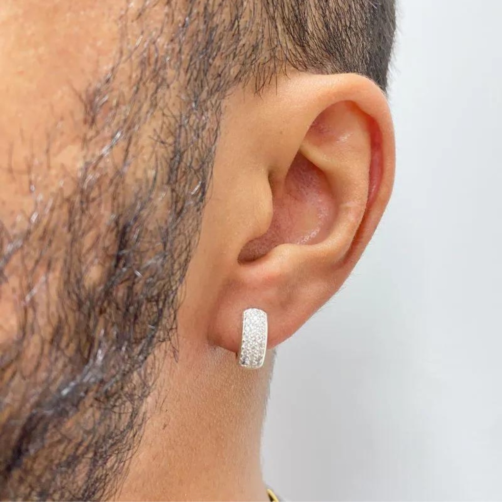 Brinco Masculino Banho de Prata 925 Italiana Argola Cravejada 25 pedras Brinco Masculino Banhado