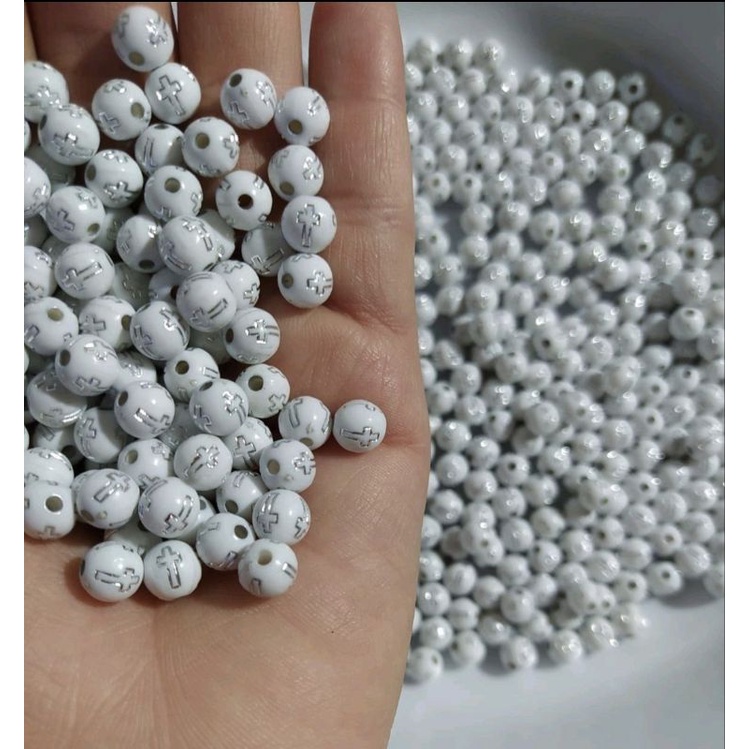 Miçangas Bola 8mm Cruz Prata 100 Peças.