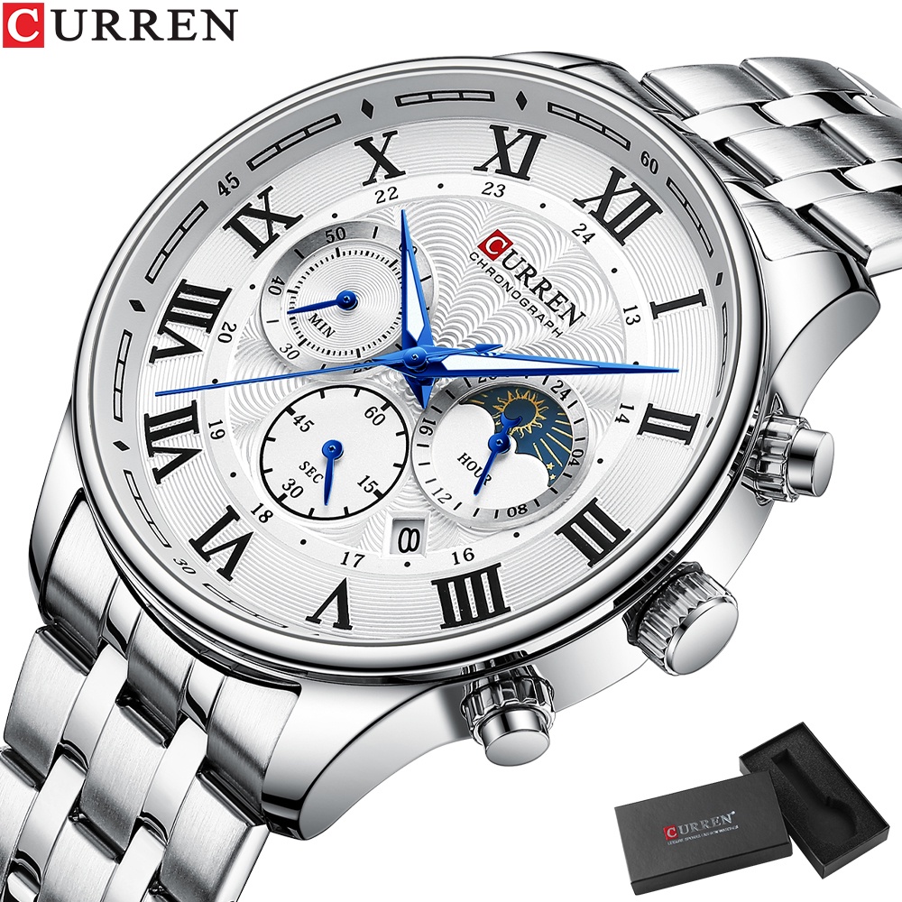 Relógios Masculinos CURREN Marca Original Todas As Mãos Trabalho Moda Simples Negócios Esportes Aço Inoxidável Luminoso Quartzo Resistente À Água 8427 S Ter Caixa