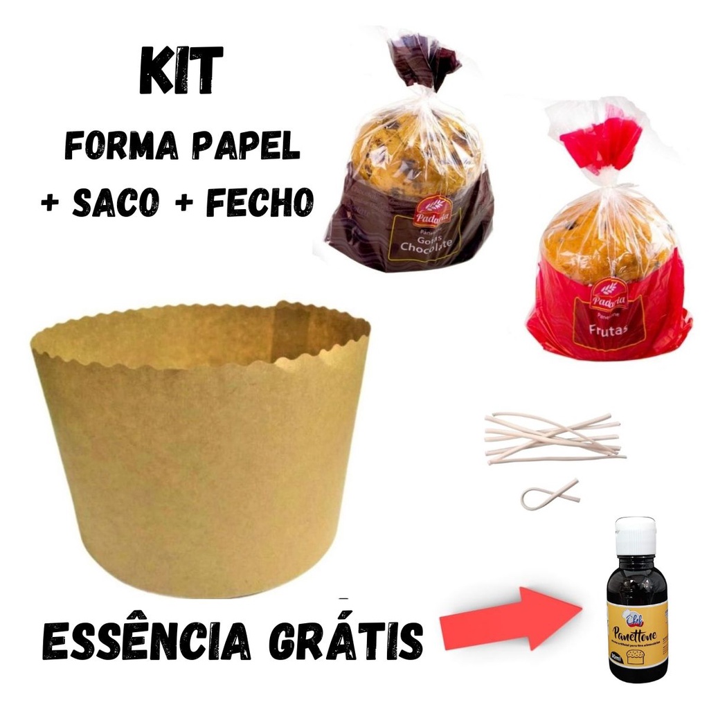 Kit 50 Forma Papel Panetone 500g Saco Chocolate e Frutas Fecho Essência