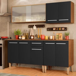 Armário de Cozinha Completa com Balcão e Aéreo Vidro Rustic/Preto Madesa Emilly Box