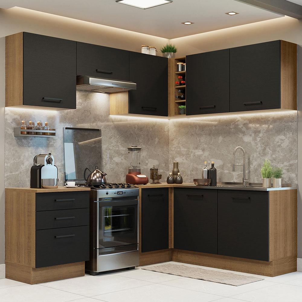 Cozinha Completa de Canto Madesa Agata 399002 com Armário e Balcão (Sem Tampo e Pia) - Rustic/Preto em Oferta na Shopee