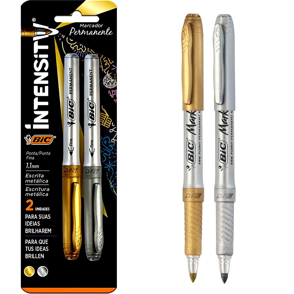 Caneta para Convite Marcador Permanente BIC Intensity Cores Metálicas 1 Prata + 1 Dourado Com Grip