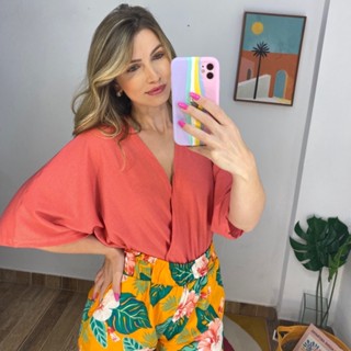 Blusa Transpassada Santorini Cruzada Rosa Goiaba Cropped Canelado Ribana Canelada
