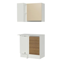 Kit Armário de Cozinha de Canto 2 Portas e Nicho com Tampo 100% MDF Branco/Rustic/Crema Smart Madesa