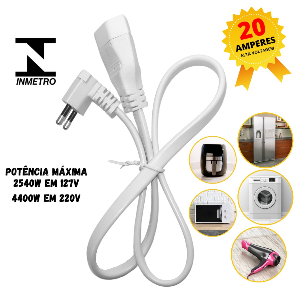 Extensão Tomada 20 Amperes Prolongador Curvo 90° Alta Potência COM 80cm BRANCO