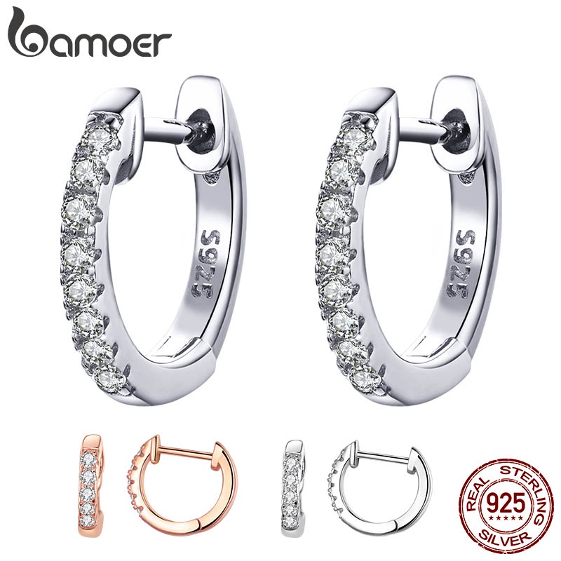 BAMOER Hoop Earrings for Women Genuine 925 Sterling Silver Gold Rose Gold Silver Color SCE498 - Fashion Accessories