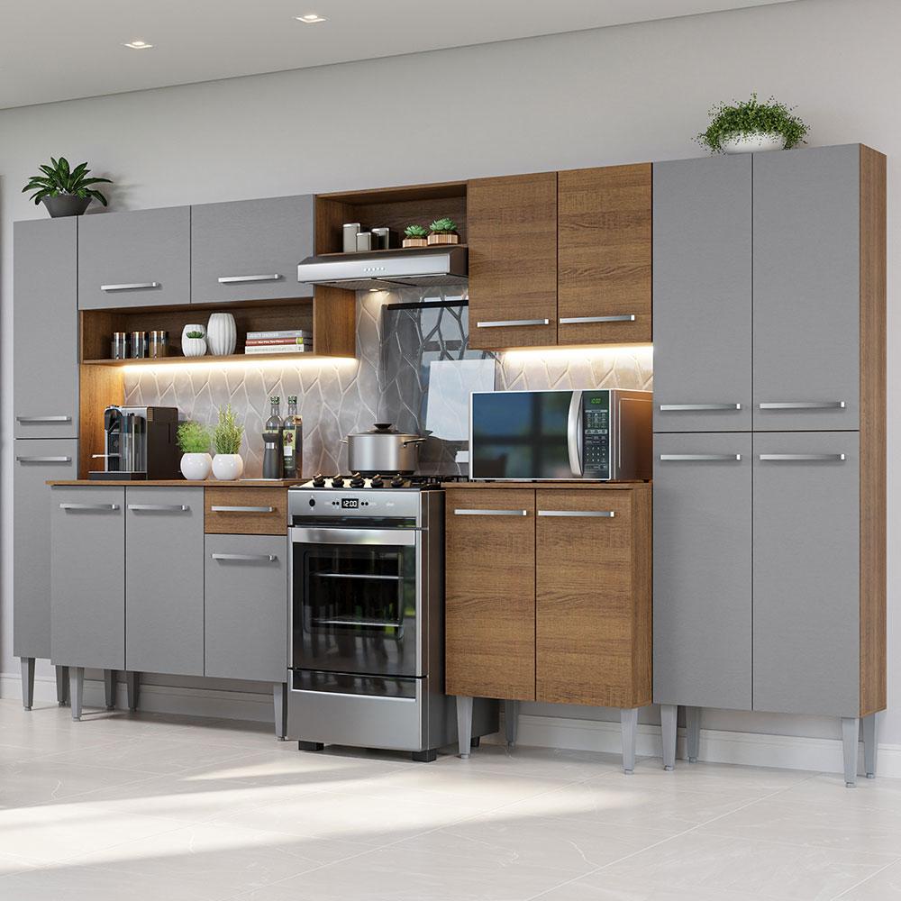 Armário de Cozinha Completa 325cm Rustic/Cinza Emilly Madesa 02 em Oferta na Shopee