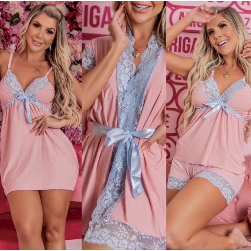 Trio Camisola + Hobby + Baby Doll em Ligante com Renda em Oferta na Shopee