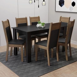 Conjunto Sala Jantar Medelin Madesa Mesa Tampo Madeira com 6 Cadeiras Rustic/Preto/Sintético Preto