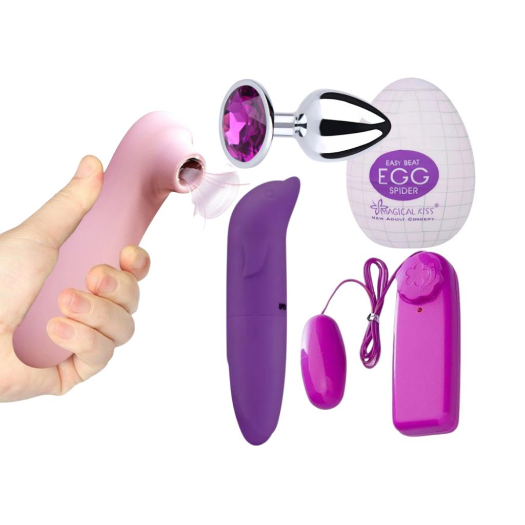 Kit Sex Shop Vibrador Feminino Golfinho + Vibro Bullet + Sugador + Plug Anal + Egg