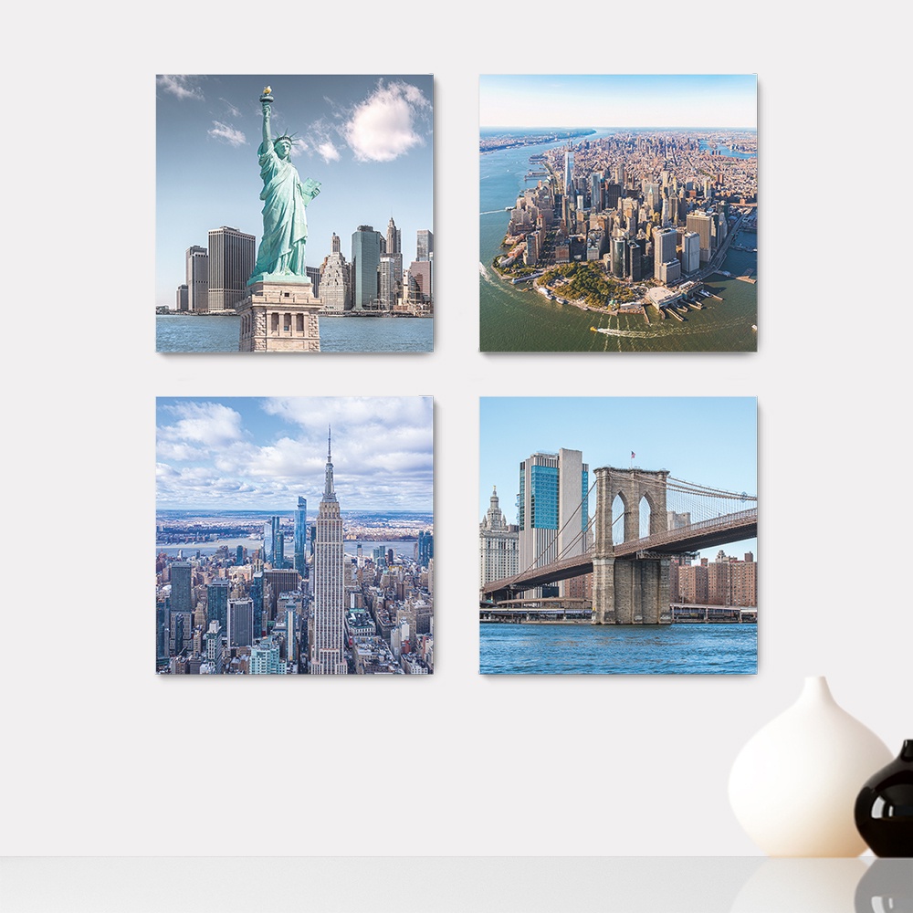 Kit 4 Quadros Decorativos Mundo New York Nova Iorque Estados Unidos Empire State Estatua da Liberdade Paisagem Casa Quarto Sala Placas - 0080ktpl4