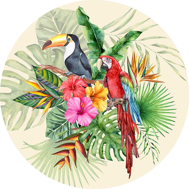 Painel 3d Festa Redondo 1,50 Malha Sublimado Tropical Arara e Tucano