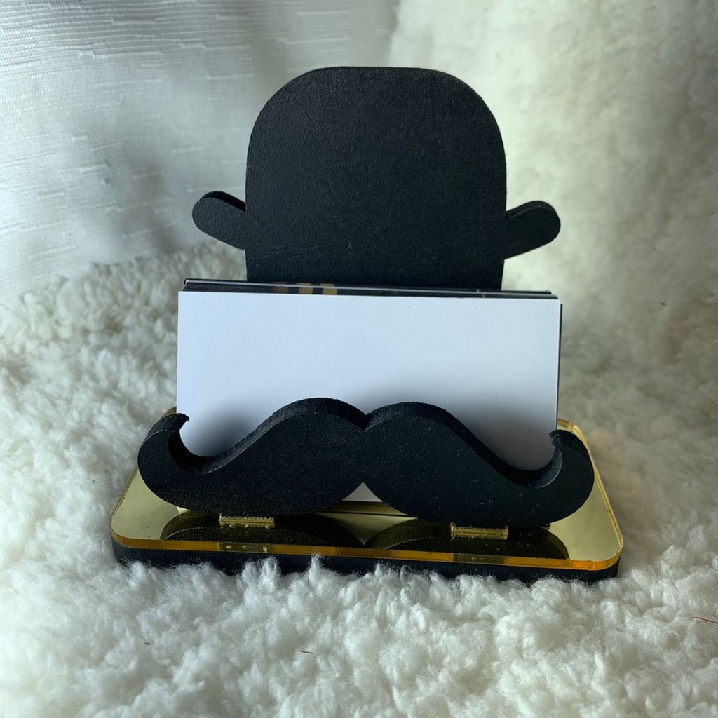 Porta Cartão de Visita Chapéu e Bigode para Barbearia MDF 6mm e Acrílico Espelhado para Decoração