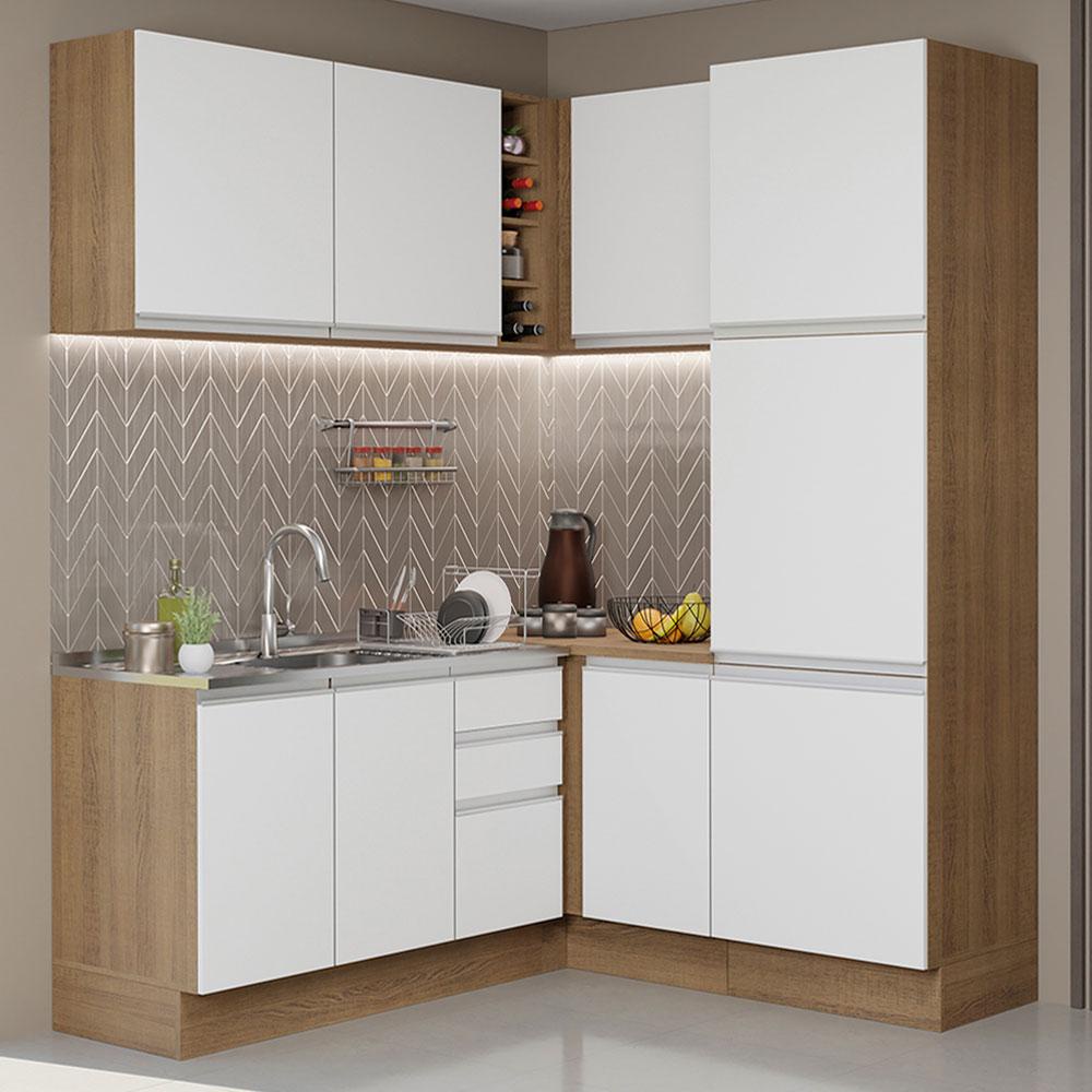Cozinha Completa de Canto Madesa Glamy 329001 com Armário e Balcão (Sem Tampo e Pia) - Rustic/Branco