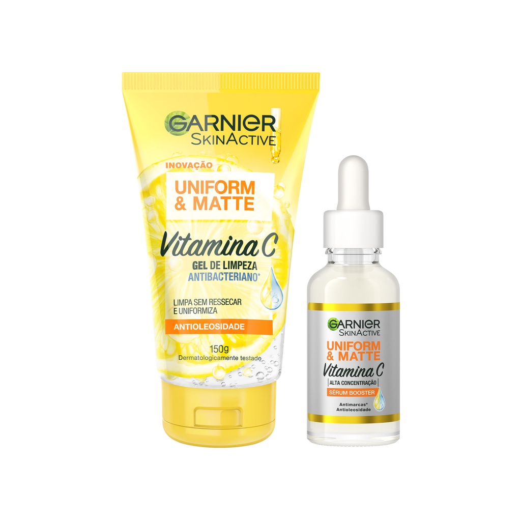 Kit Rotina Garnier Anti-manchas Uniform&Matte Vitamina C - Limpeza Facial textura Gel + Serum Antimarcas 15ml - Beauty