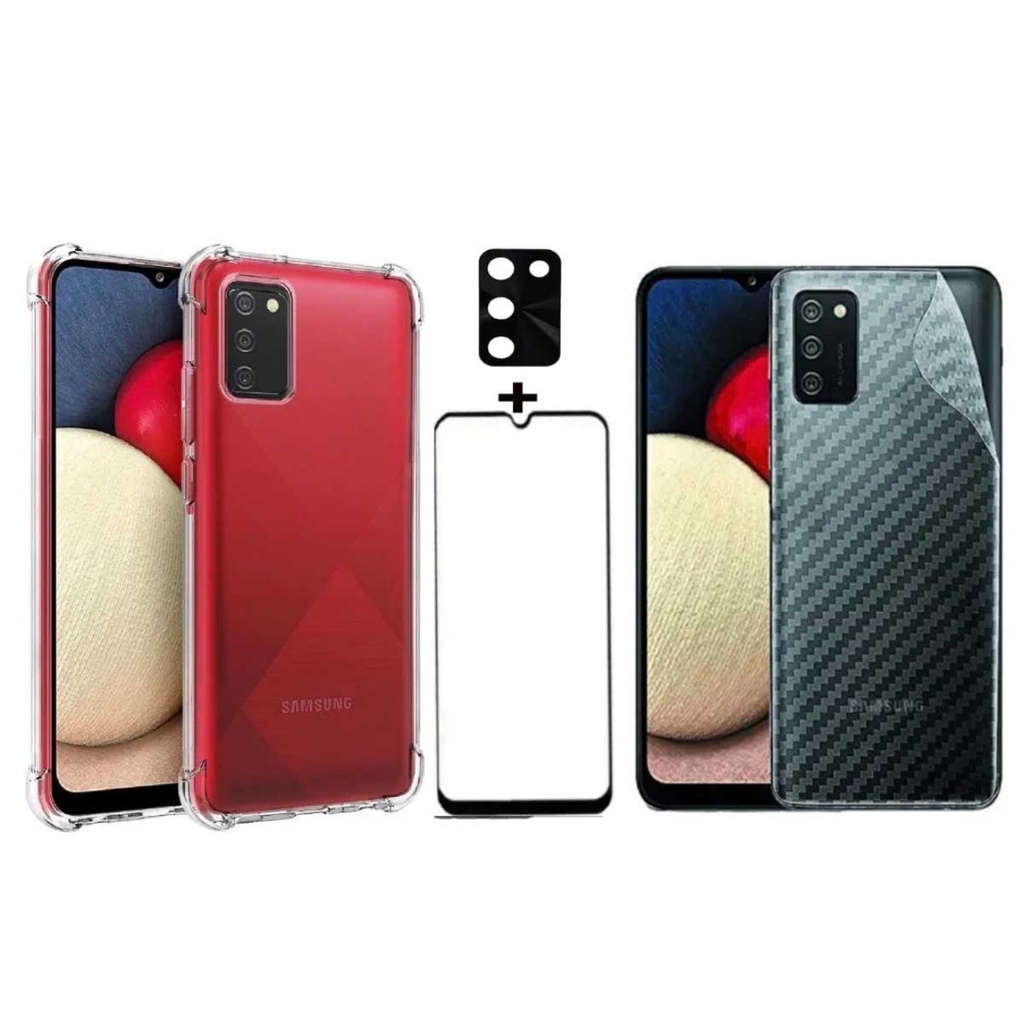 Kit 4x1 Capa Capinha Antiqueda Galaxy A03s + Película Frontal 5D + Película Traseira Fibra Slim + Película de Câmera